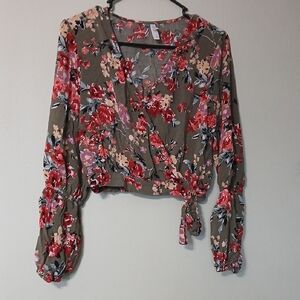 Xhilaration Olive Wrap Crop Blouse with Floral Print Size S